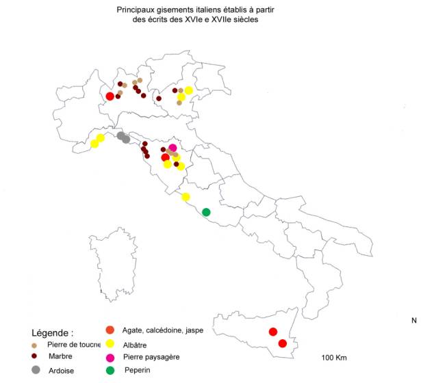 Principaux gisements italiens établis à partir de écrits des XVIe et XVIIe siècles