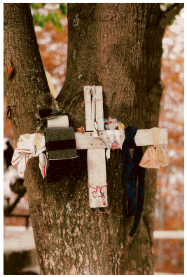 À Krâstova Gora, des fils et des étoffes sont laissés sur un arbre