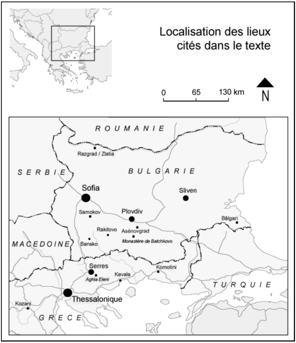 Localisation des lieux cités dans le texte ; Les Balkans (en haut) ; Bulgarie et Grèce du nord (en bas)